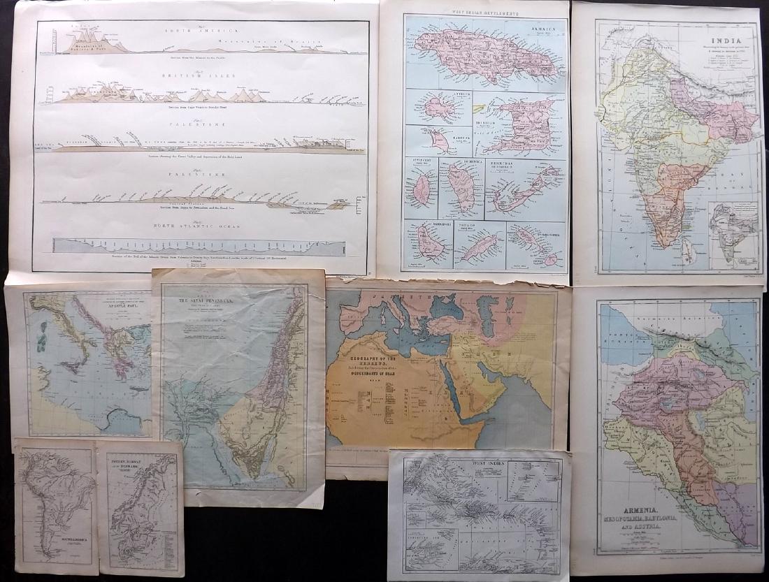 Maps 19th Century Mixed Lot of 10: Incl Holy Land, South America, West Indies, Scandinavia, Armenia, India and a Mountain Chart. Examples by Weller/Bryce, Hughes, William Collins, Encyclopaedia Britannica and Cornwell/Dower. Paper Size