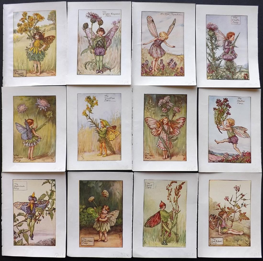 Barker, Cicely Mary C1940 Lot of 12 Flower-Fairy Prints: Lithographs Published C1935-45 by Blackie & Son, London & Glasgow for the "Flower-Faries" Series by Cicely Mary Barker. Reverse side blank. Paper Size: 5.5 x 4 inch (14 x 10cm) Good Condition