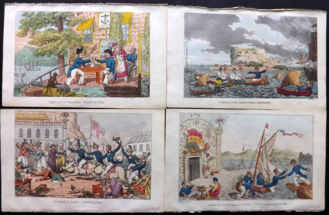 Rowlandson, Thomas 1823 Lot 4 HC Naval Prints Gibraltar: Hand Coloured Aquatints Published 1823, London for "The Adventures of Johnny Newcome in The Navy" by John Mitford. Illustrated by Thomas Rowlandson. Paper Size: 9 x 6 inch (23 x 15cm) Good Condition
