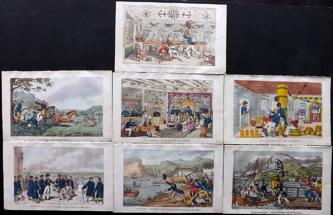 Rowlandson, Thomas 1823 Lot of 7 HC Naval Satire Prints: Incl one of Jamaica and one of Barbados. Hand Coloured Aquatints Published 1823, London for "The Adventures of Johnny Newcome in The Navy" by John Mitford. Illustrated by Thomas Rowlandson. Paper Size