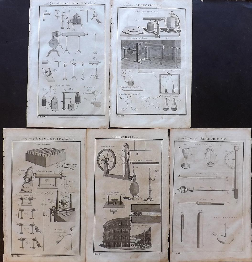 Howard, George 1796 Set of 5 Electricity Prints: Copper Plates Published 1796, London for "The New Royal Encyclopaedia Londinensis" by George Selby Howard. Paper Size: 16.5 x 10 inch (42 x 26cm) Some toning present in parts