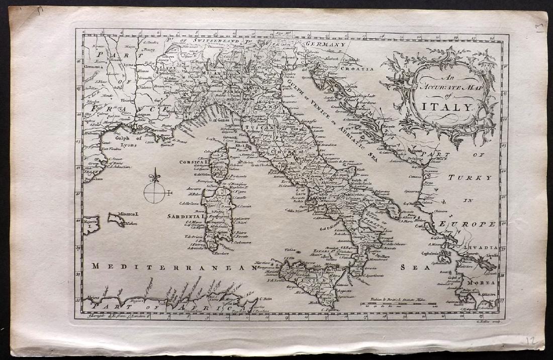 Fenning & Collyer 1765 Map of Italy: Copper Engraved Map Published 1764-65, London for "A New System of Geography: or, A General Description of the World" by Daniel Fenning & Joseph Collyer. Maps by G. Rollos, J. Gibson and others, mostl
