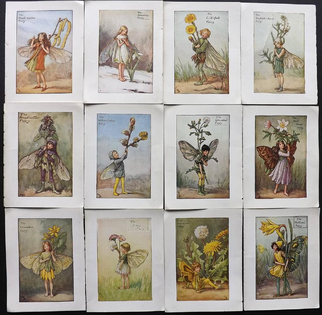 Barker, Cicely Mary C1940 Lot of 12 Flower-Fairy Prints: Lithographs Published C1935-45 by Blackie & Son, London & Glasgow for the "Flower-Faries" Series by Cicely Mary Barker. Reverse side blank. Paper Size: 5.5 x 4 inch (14 x 10cm) One with tear, otherwis