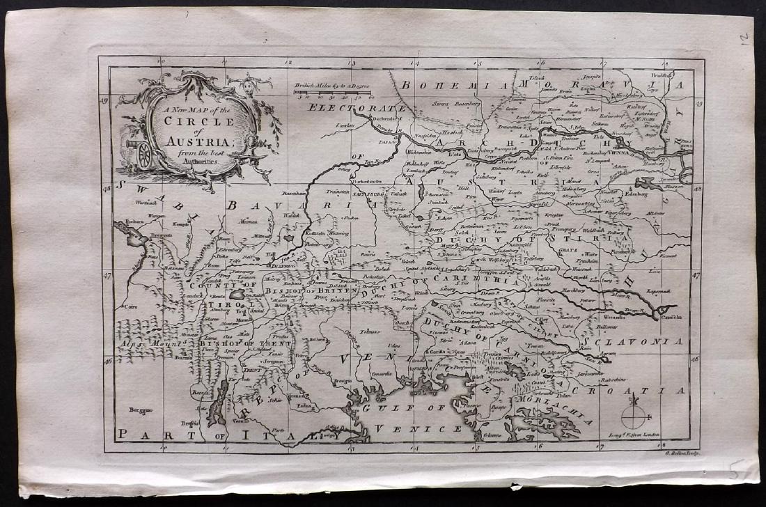 Fenning & Collyer 1765 Map of Austria: Copper Engraved Map Published 1764-65, London for "A New System of Geography: or, A General Description of the World" by Daniel Fenning & Joseph Collyer. Maps by G. Rollos, J. Gibson and others, mostl