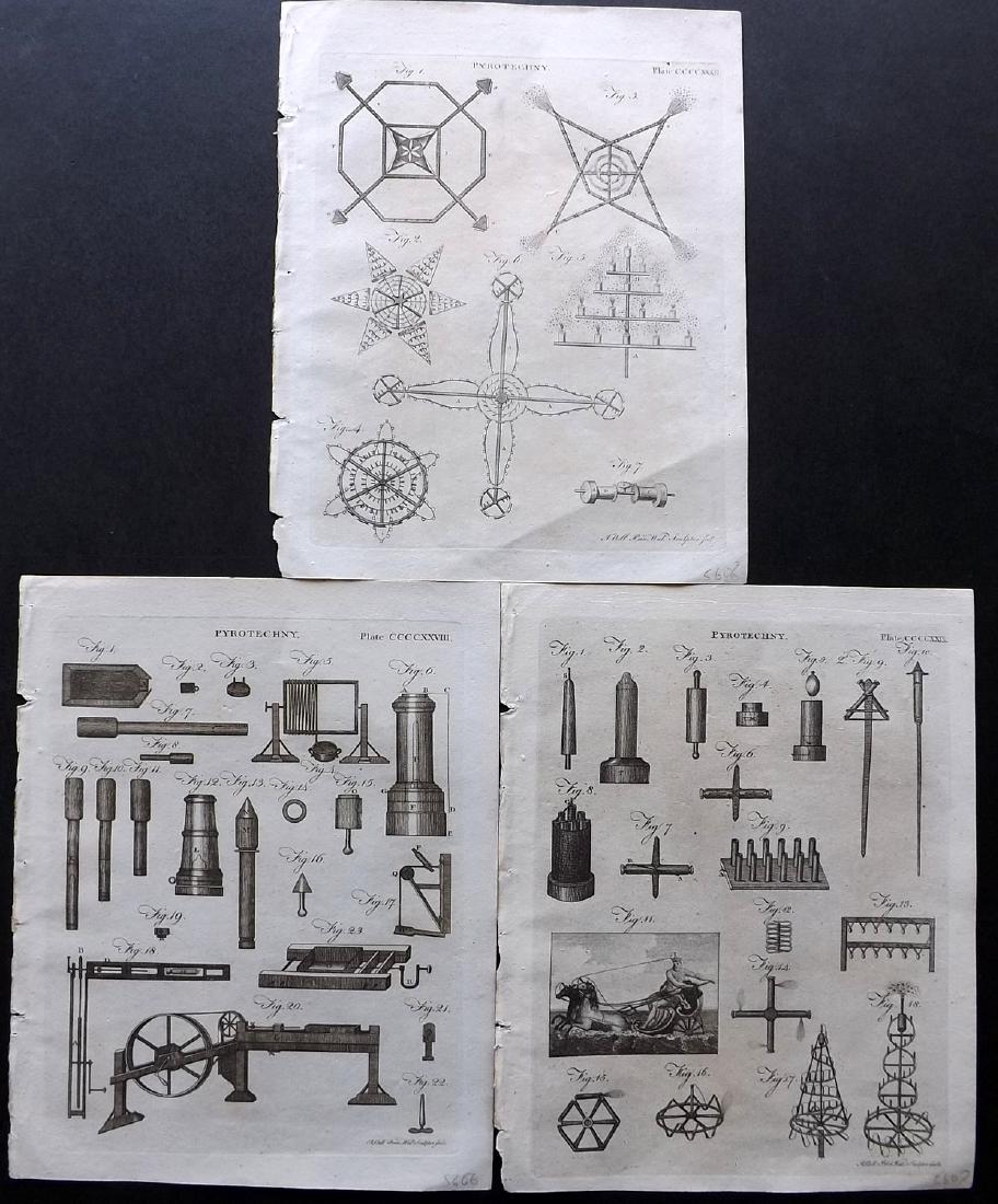 Fireworks 1797 Group 3 Prints. Encyclopaedia Britannica: Copper Plates Published 1787-97, Edinburgh for "Encyclopaedia Britannica" Edited by Colin Macfarquhar and George Gleig et al. Paper Size: 10 x 8 inch (26 x 20cm) Good Condition