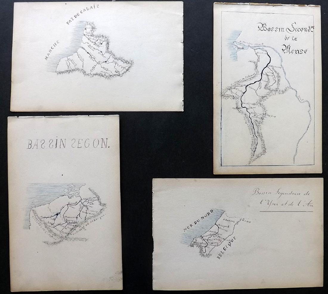 Manuscript Maps C1880 Lot of 4 France Belgium: Incl Calais, Northern France, Belgium. Hand Drawn Maps. Ink on Wove Paper by Jeanne Bockairy? Fair standard only. Paper Size: 9 x 5.5 inch (23 x 14cm) Damp smell present. One with small hole present.