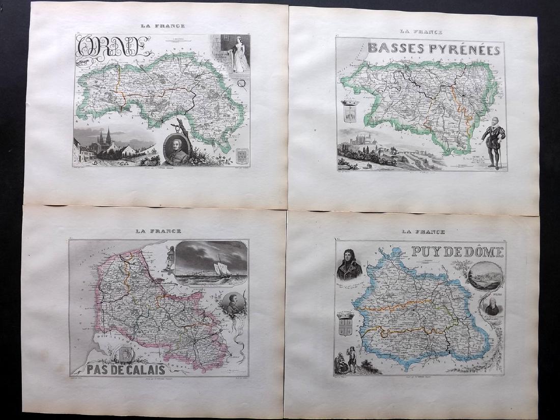 Vuillemin, A 1848 Group of 4 Decorative French Maps: Orne, Basses Pyrenees, Puy de Dome, Pas de Calais. Steel Engraved Maps Published 1848, Paris for "La France et ses colonies" by Alexandre Vuillemin & Migeon. Paper Size: 13 x 10 inch (33 x 25cm) Good 