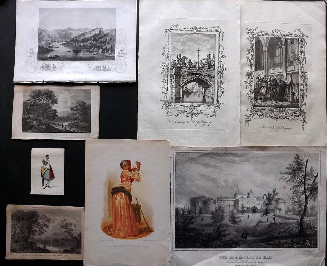 Travel 18th-19th Century Lot of 8 Antique Prints: Copper/Steel Engravings and Lithographs. Incl Ireland, Syria, Ukraine, Germany, and France. Examples by Fenning, Gourdault/Asselineau, Tyrrel, Gregoire, General Magazine and Shoberl. Paper Size: 13.5 