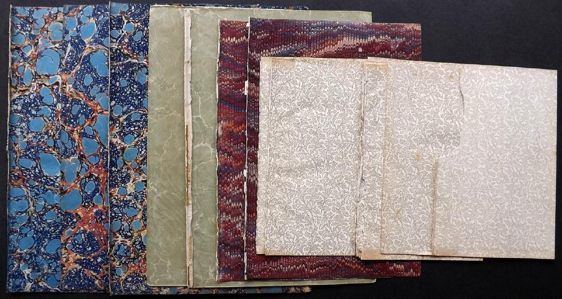 Marbled & Patterned Endpapers 19th Cent Lot of 17: Lot of 17 Sheets of Marbled and Patterned Endpapers. Sizes incl 8vo and 4to. British. Paper Size: Up to 10.5 x 7 inch (27 x 18cm) A few small faults, good overall