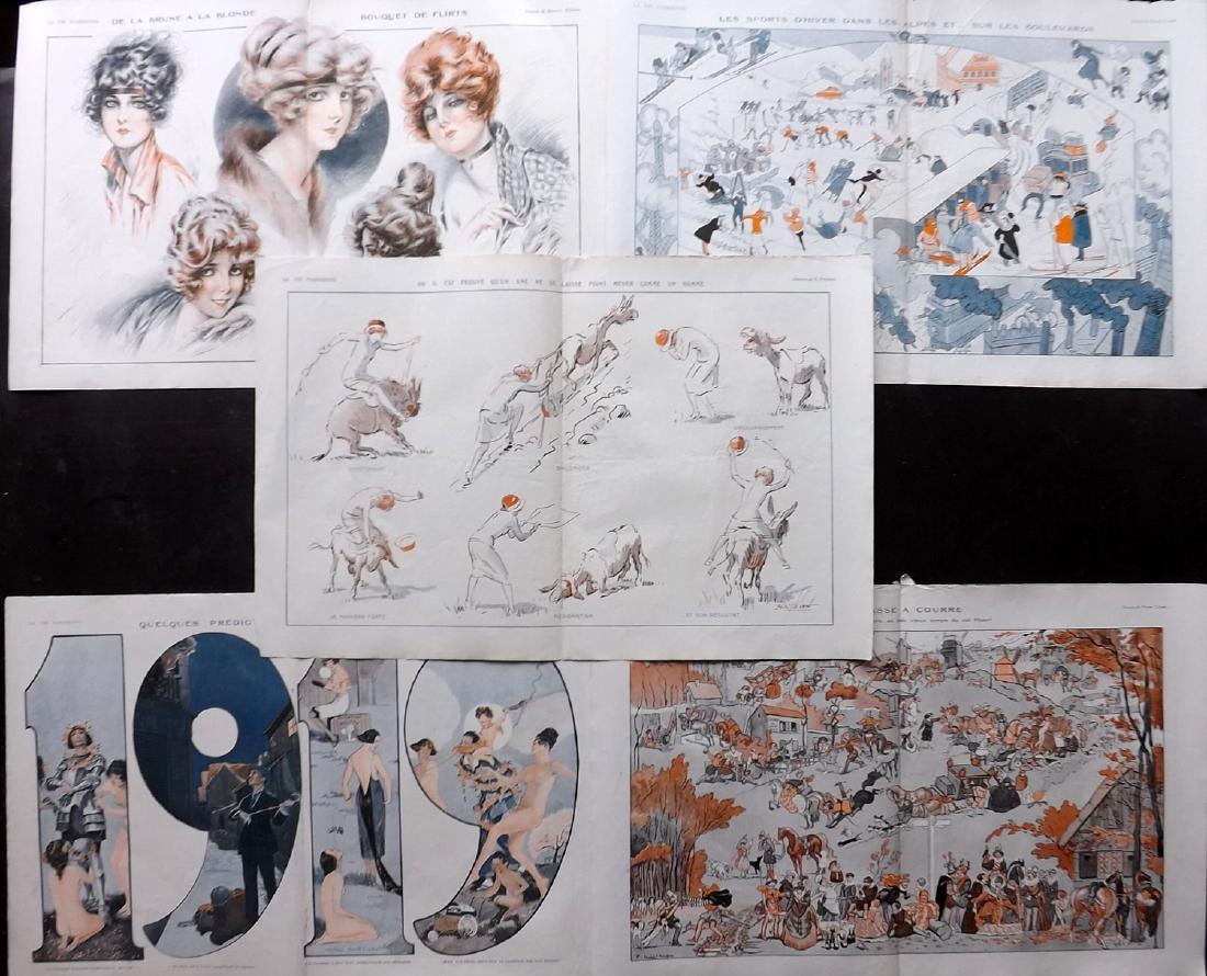 La Vie Parisienne 1920's Lot of 5 Large Art Deco Prints: Lithographs Published Paris, 1920's for "La Vie Parisienne" Verso text, but none showing through front side. Paper Size: 21 x 13.5 inch (53 x 35cm) Good Condition. Minor staple remains/holes on centre