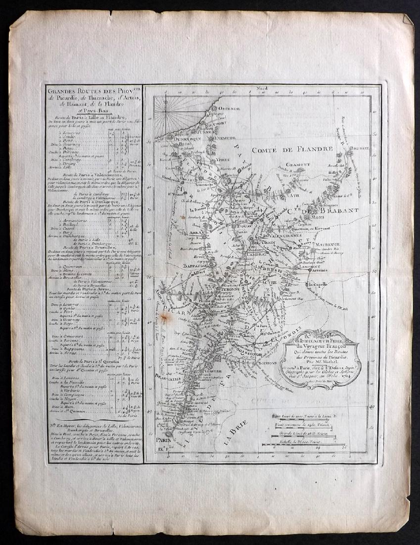 Desnos 1765 Map of North East France: "Grandes Routes des Provces de Picardie, de Thierache, d'Artois de Hainaut, de la Flandre" Copper Engraved Map Published 1765, Paris for "Coup d'oeil general sur la France" by Louis Charles Desnos & L