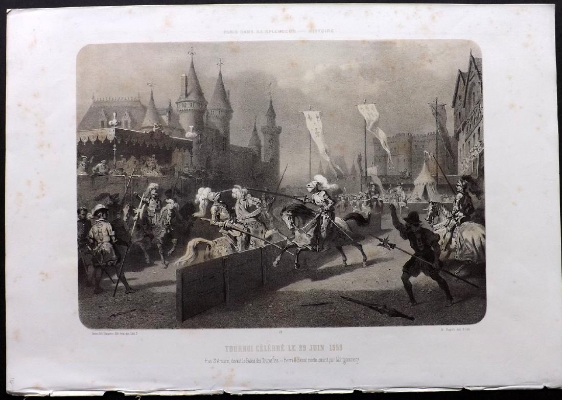 Paris dans Splendeur 1863 LG Print Tournoi Celebre 1559: Large Lithograph Published 1861-63, Paris for "Paris dans sa Splendeur" Edited by Henri Charpentier. Mostly Drawn by Felix Bonoist, and Lithographed by Benoist and others. Paper Size: 19 x 13 inch (48