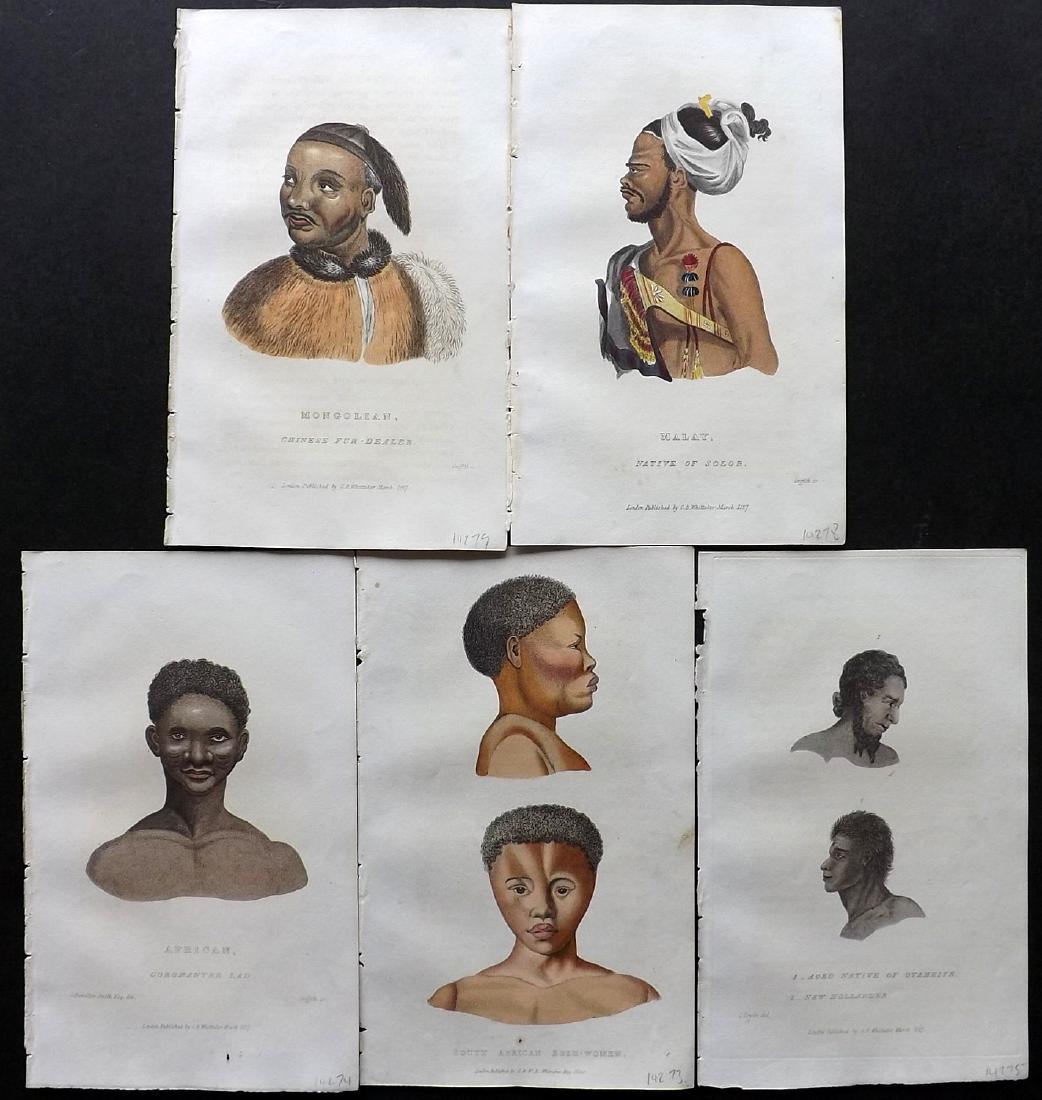 Cuvier, Baron C1830 Lot of 5 HC Prints. Ethnic Studies: Incl South African Bush-Women, African Coromantee Lad, Tahiti & New Holland Aborigines, Malay, and Mongolian Chinese Fur Dealer. Hand Coloured Aquatints with Etching/Engraving Published 1827-35, Londo