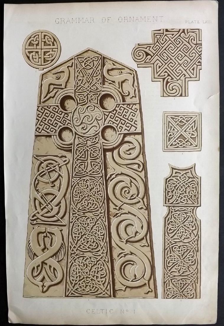 Jones, Owen 1856 LG Design Print. Celtic No. 1: Large Folio Chromolithograph Published 1856 by Day & Son, London for "The Grammar of Ornament" by Owen Jones. First and best Edition of this work. Paper Size: 21.5 x 14 inch (55 x 36cm) Small margin t