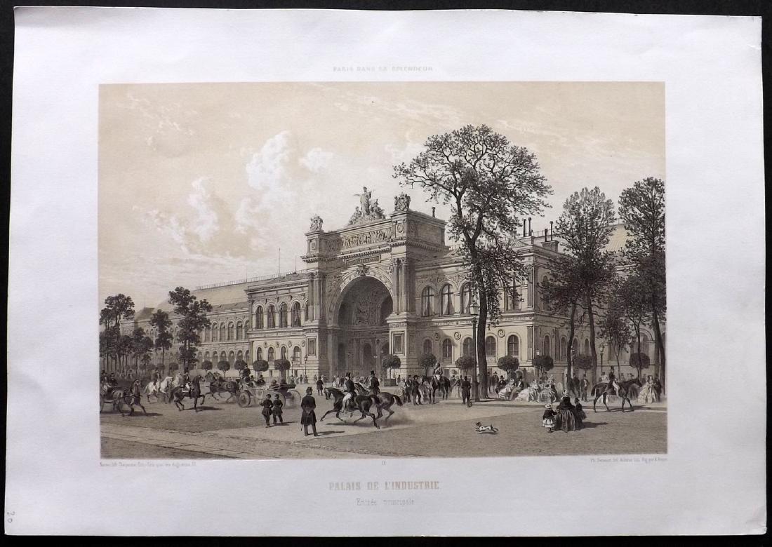 Paris dans Splendeur 1863 Print. Palais de l'Industrie: Large Lithograph Published 1861-63, Paris for "Paris dans sa Splendeur" Edited by Henri Charpentier. Mostly Drawn by Felix Bonoist, and Lithographed by Benoist and others. Paper Size: 19 x 13 inch (48