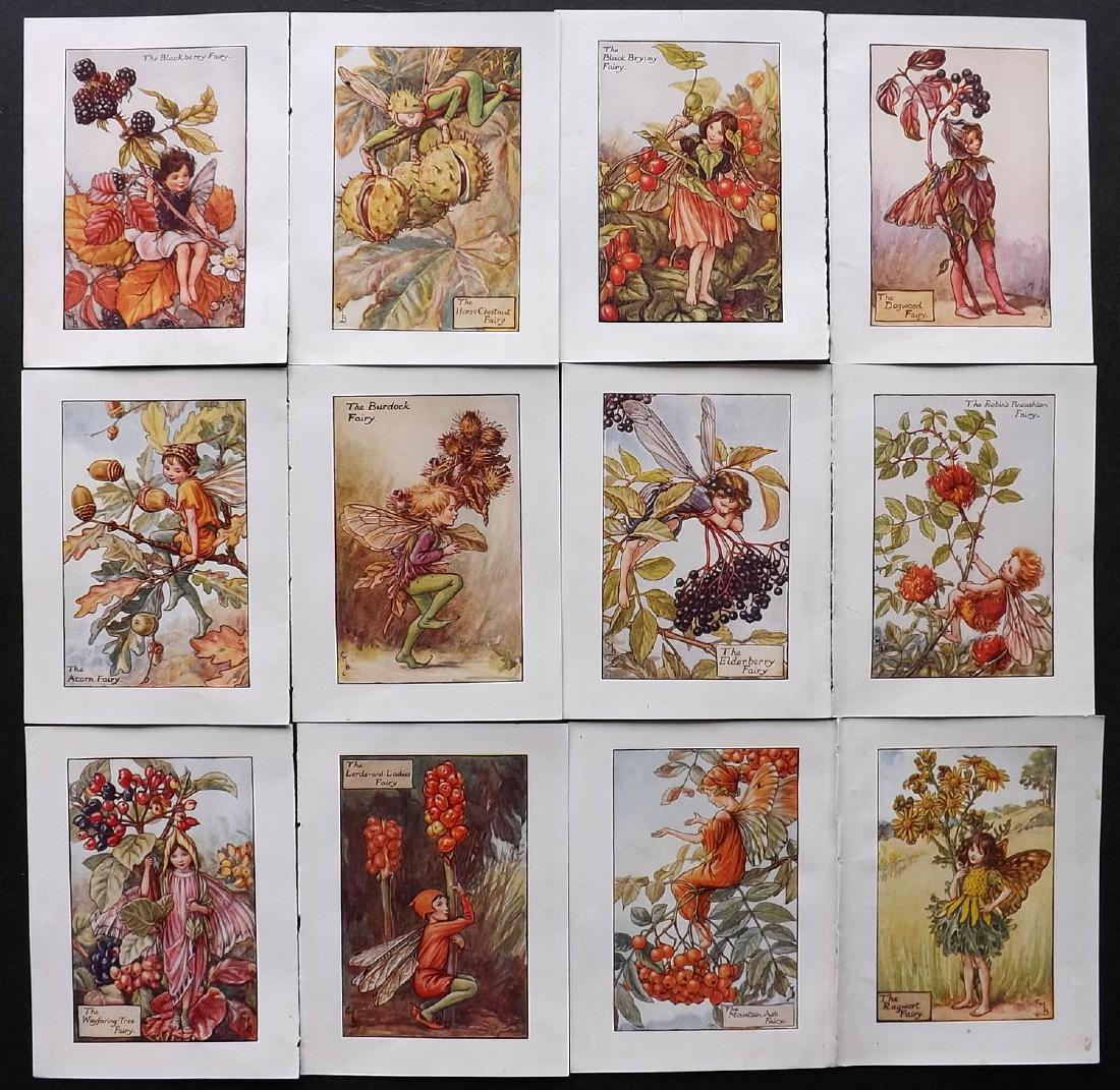 Barker, Cicely Mary C1940 Lot of 12 Flower-Fairy Prints: Lithographs Published C1935-45 by Blackie & Son, London & Glasgow for the "Flower-Faries" Series by Cicely Mary Barker. Reverse side blank. Paper Size: 5.5 x 4 inch (14 x 10cm) Good Condition