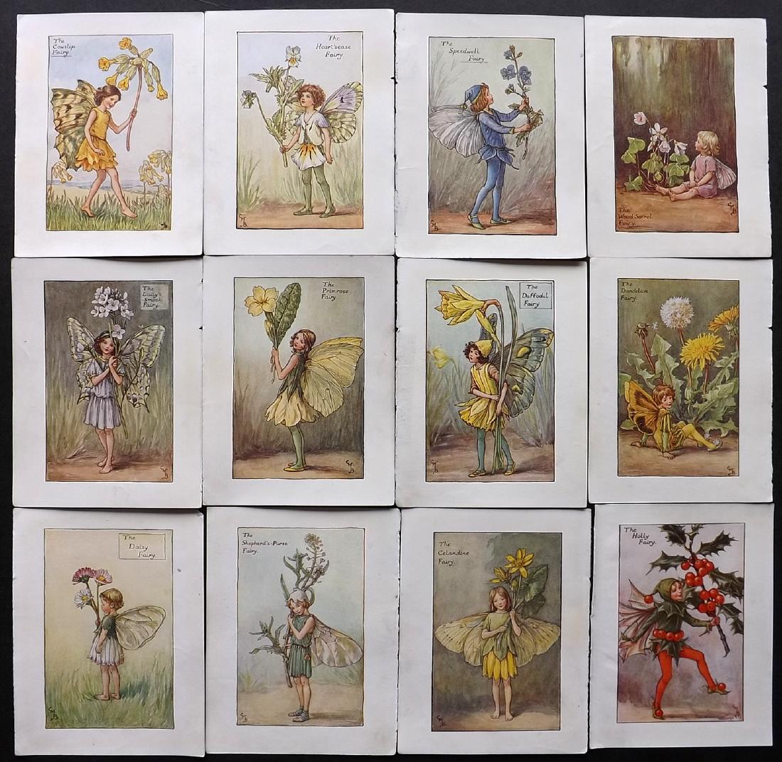 Barker, Cicely Mary C1940 Lot of 12 Flower-Fairy Prints: Lithographs Published C1935-45 by Blackie & Son, London & Glasgow for the "Flower-Faries" Series by Cicely Mary Barker. Reverse side blank. Paper Size: 5.5 x 4 inch (14 x 10cm) Good Condition