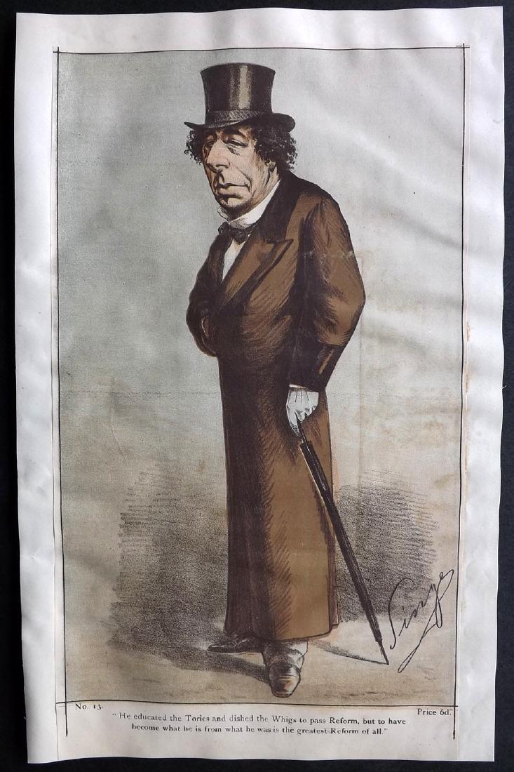 Vanity Fair Prints 1869 Benjamin Disraeli. PM. Plate 1: The first ever Vanity Fair Print issued. Chromolithograph Published 1869-1914, London for "Vanity Fair" Paper Size: 15 x 11 inch (38 x 28cm) Trimmed and neatly mounted to thin card. Incorrect biograph