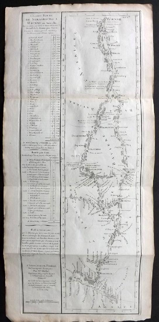 Desnos 1765 Map. Vienna to Strasbourg, France Austria: Also showing Germany. "Grande Route de Strasbourg a Wienne en Autriche" Copper Engraved Map Published 1765, Paris for "Coup d'oeil general sur la France" by Louis Charles Desnos & Louis Brion de la To