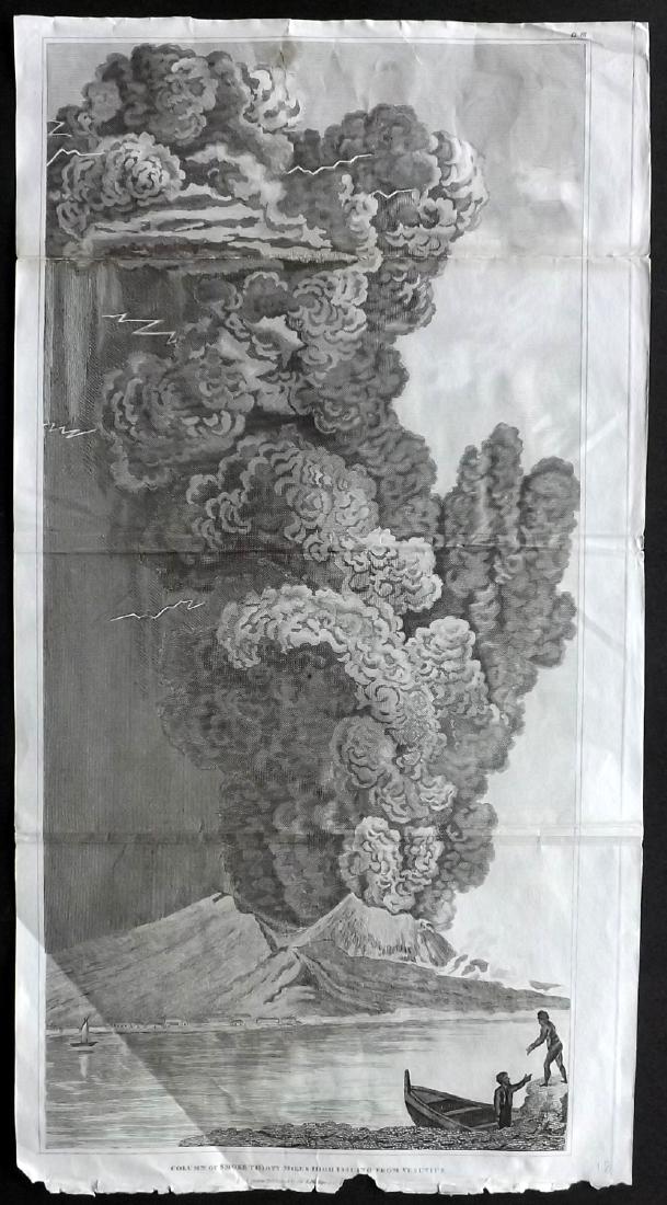 Italy 1823 Print. Vesuvius Volcano Eruption, Naples: Copper Plate Published 1823, London for "Nature Displayed in the Heavens, and on the Earth" by Simeon Shaw. Folds as issued. Paper Size: 14 x 8 inch (36 x 20cm) Minor wrinkles. Small chip to bottom ma