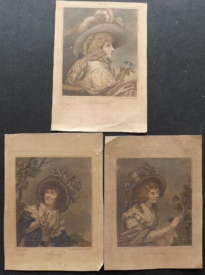 Bartolozzi, Francesco C1800 Lot of 3 Pretty Ladies: Summer, Spring, Autumn. 3 Prints of (4) from Bartolozzi's Four Seasons series. Colour Printed Stipple Engravings Published C1800, London. Engraved Francesco Bartolozzi after Francis Wheatley and Richa