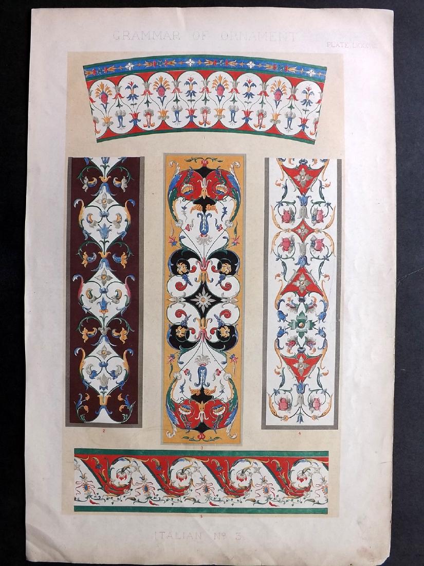 Jones, Owen 1856 LG Design Print. Italian No. 3: Large Folio Chromolithograph Published 1856 by Day & Son, London for "The Grammar of Ornament" by Owen Jones. First and best Edition of this work. Paper Size: 21.5 x 14 inch (55 x 36cm) Very minor ton
