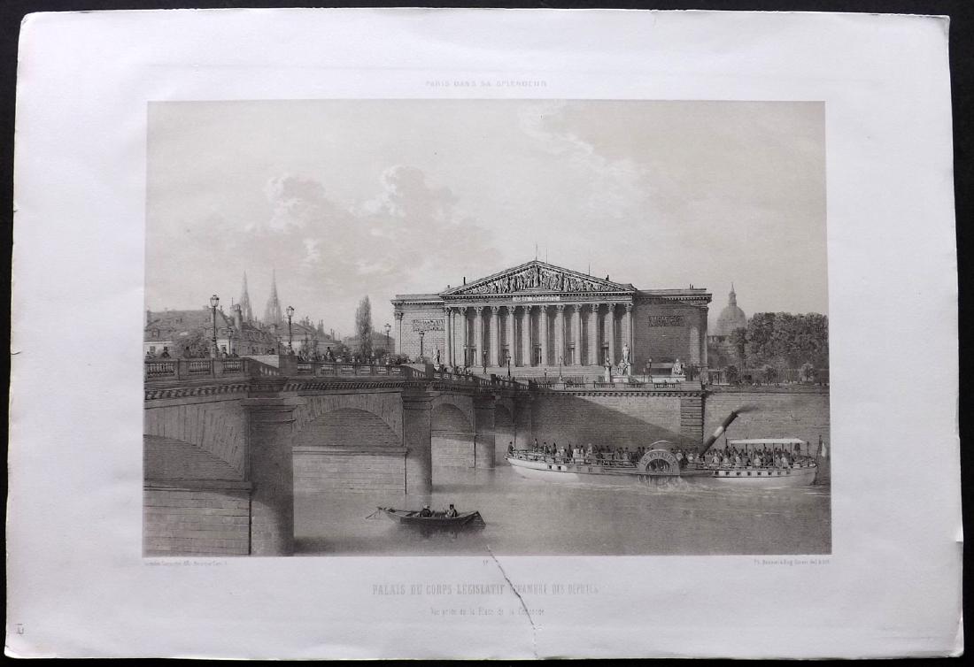Paris dans Splendeur 1863 Print Palais Corps-Legislatif: Large Lithograph Published 1861-63, Paris for "Paris dans sa Splendeur" Edited by Henri Charpentier. Mostly Drawn by Felix Bonoist, and Lithographed by Benoist and others. Paper Size: 19 x 13 inch (48