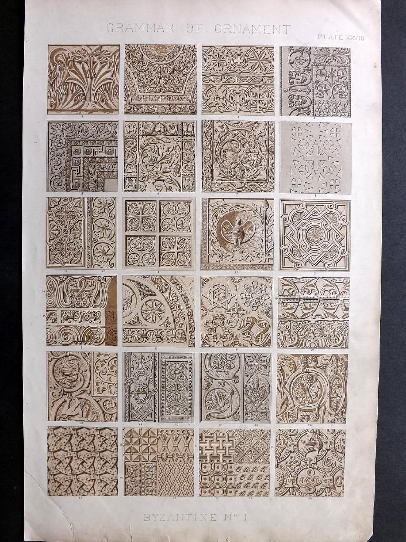 Jones, Owen 1856 LG Design Print. Byazantine No. 1: Large Folio Chromolithograph Published 1856 by Day & Son, London for "The Grammar of Ornament" by Owen Jones. First and best Edition of this work. Paper Size: 21.5 x 14 inch (55 x 36cm) Very minor ton