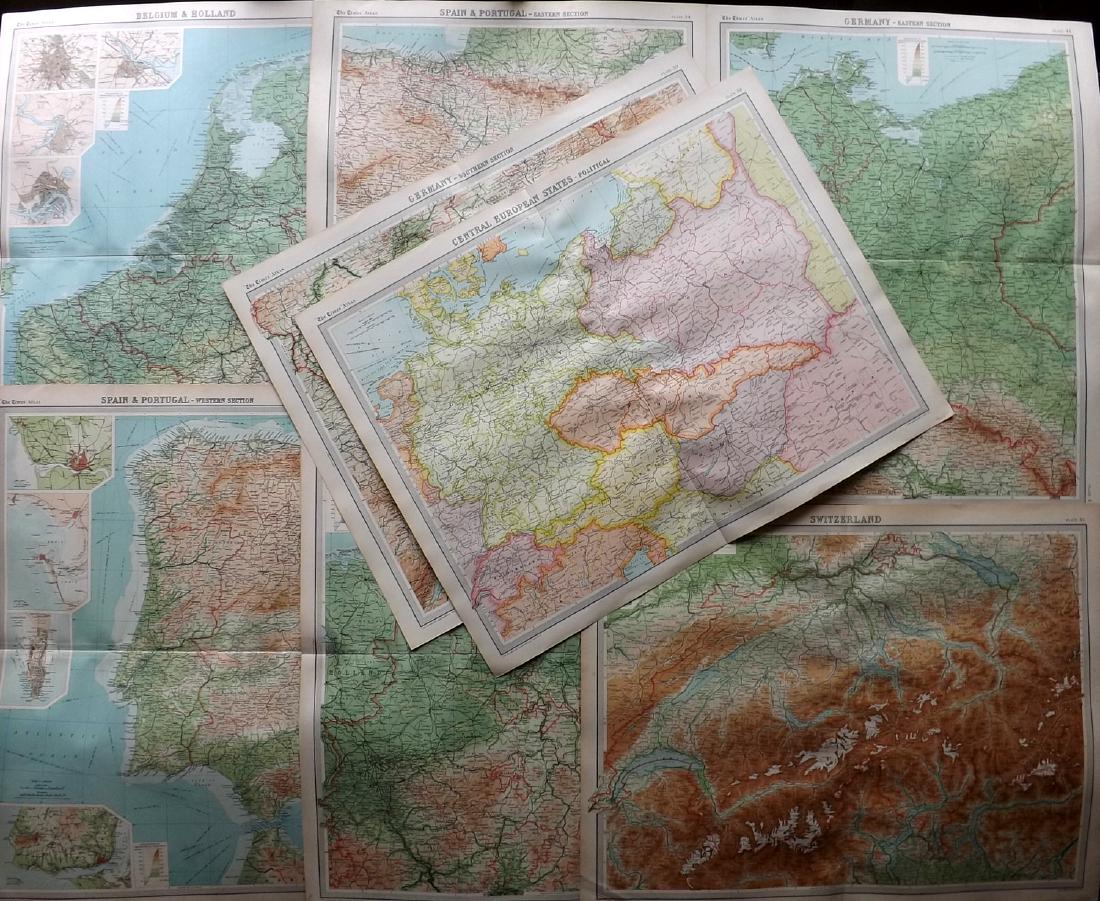 Bartholomew, John 1922 Lot of 8 European Maps: Incl Germany - East, Germany - West, Germany - South, Central European States, Switzerland, Spain/Portugal - East, Spain/Portugal - West, Belgium/Holland. Large Lithograph Maps Published 1922 by The T