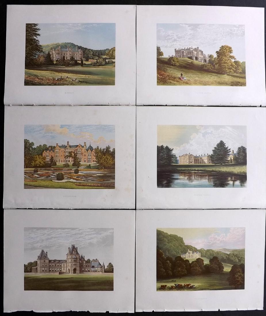 Morris Seats C1870 Lot of 6 Colour Woodblock Views: Color Printed Woodblock Published 1866-1880 by William Mckenzie, London for "Picturesque Views of Seats of Noblemen and Gentlemen of Great Britain and Ireland" by the Rev. F. O. Morris. Printed by Ben