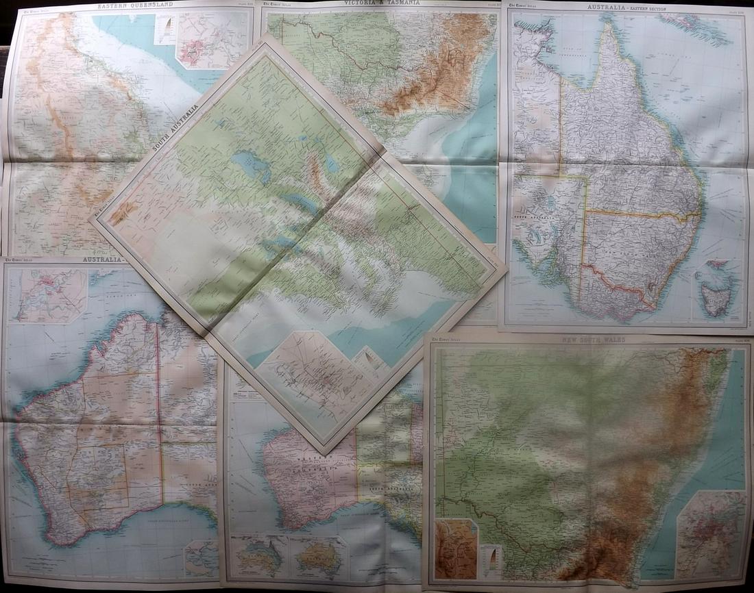 Bartholomew, John 1922 Lot of 7 Maps of Australia: Large Lithograph Maps Published 1922 by The Times, London for "The Times Survey Atlas of the World" Maps by John George Bartholomew of the Edinburgh Geographical Institute. Centre fold as issued. Pape