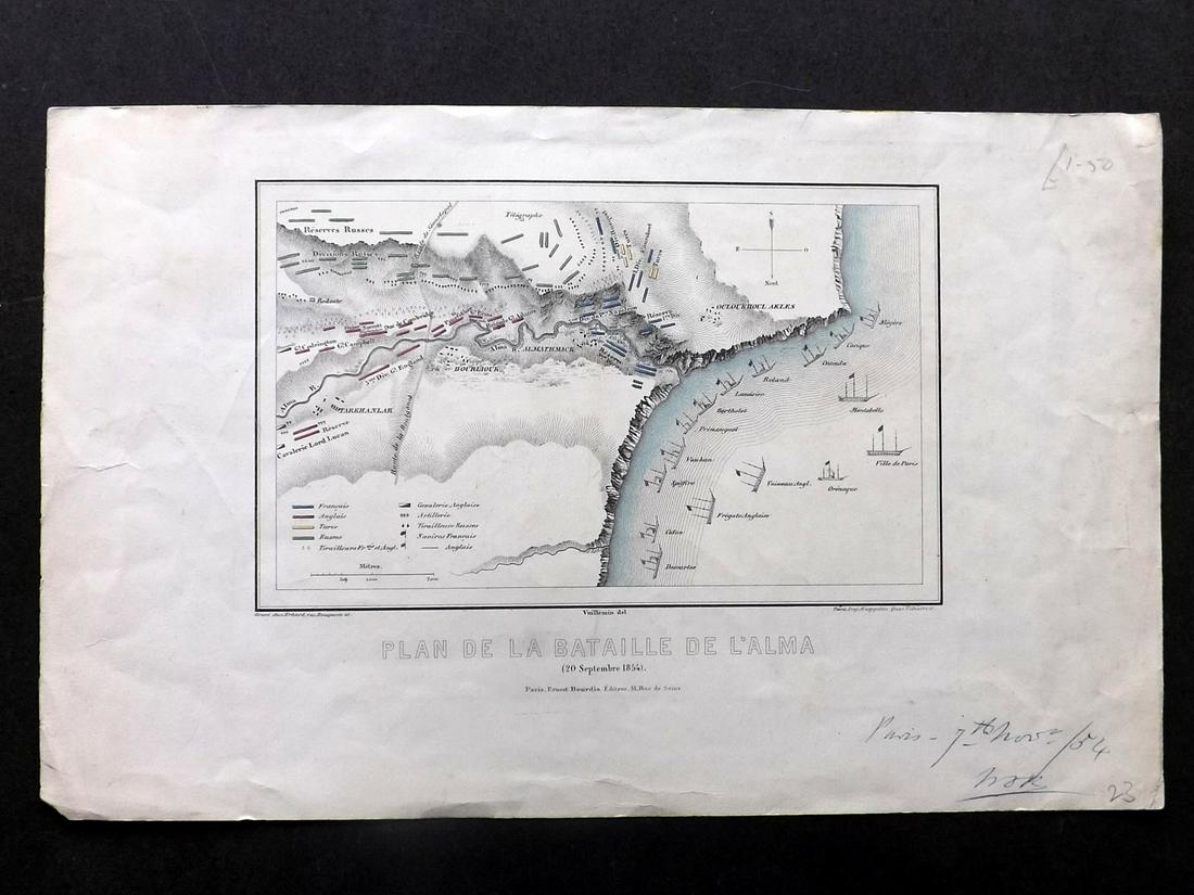 Vuillemin 1855 Hand Col Map of the Crimean War. Alma (1 of 2)