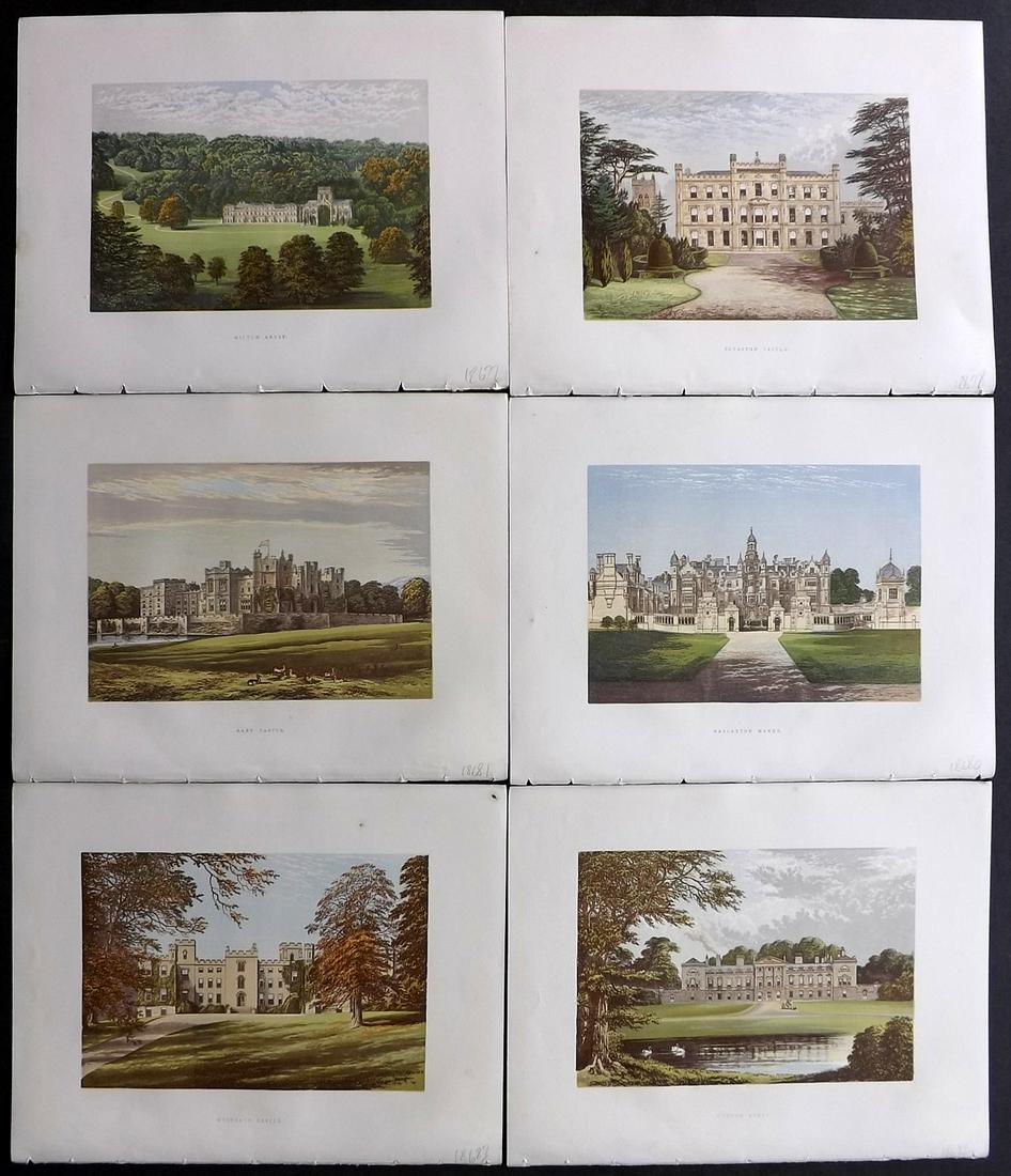 Morris Seats C1870 Lot of 6 Colour Woodblock Views: Color Printed Woodblock Published 1866-1880 by William Mckenzie, London for "Picturesque Views of Seats of Noblemen and Gentlemen of Great Britain and Ireland" by the Rev. F. O. Morris. Printed by Ben