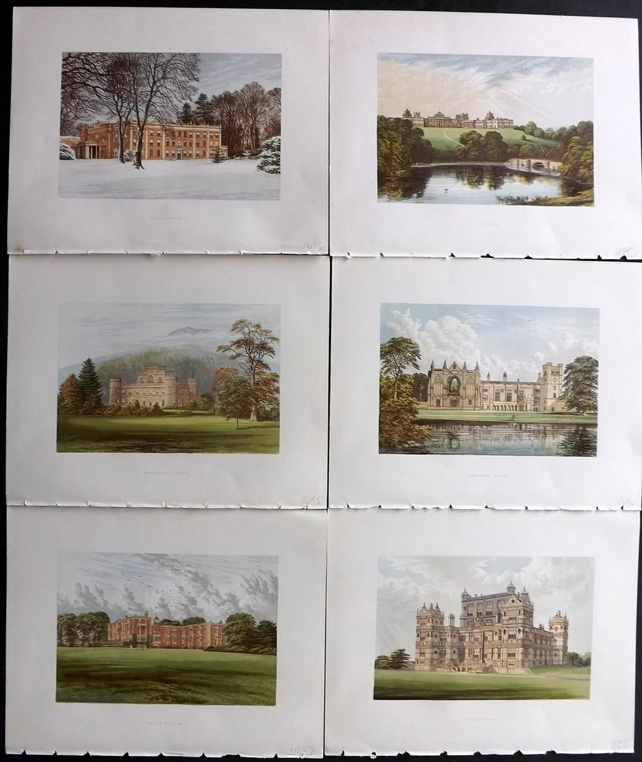 Morris Seats C1870 Lot of 6 Colour Woodblock Views: Color Printed Woodblock Published 1866-1880 by William Mckenzie, London for "Picturesque Views of Seats of Noblemen and Gentlemen of Great Britain and Ireland" by the Rev. F. O. Morris. Printed by Ben