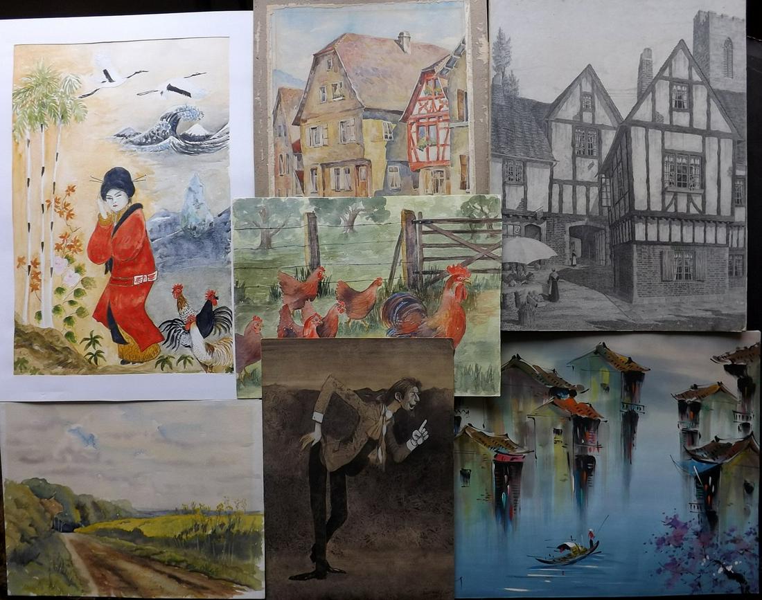 Original Art 20th Cent. Mixed Lot of 7, Large (1 of 3)