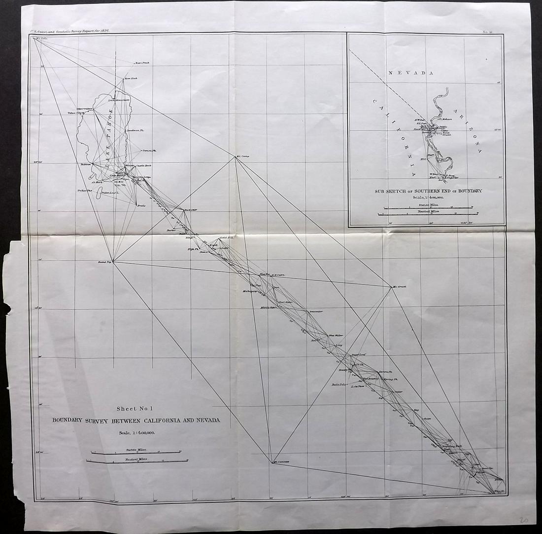 U S Coast Survey 1896 Map. California Nevada Boundary (1 of 2)