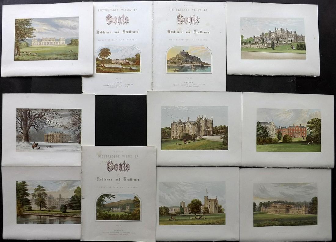 Morris Seats C1870 Lot of 11 Colour Woodblock Views: Incl 3 Illustrated Title Pages. Color Printed Woodblock Published 1866-1880 by William Mckenzie, London for "Picturesque Views of Seats of Noblemen and Gentlemen of Great Britain and Ireland" by the R