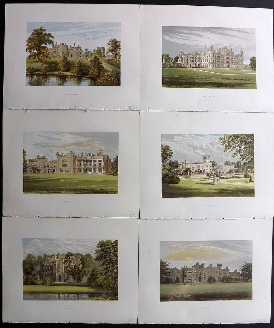 Morris Seats C1870 Lot of 6 Colour Woodblock Views: Color Printed Woodblock Published 1866-1880 by William Mckenzie, London for "Picturesque Views of Seats of Noblemen and Gentlemen of Great Britain and Ireland" by the Rev. F. O. Morris. Printed by Ben