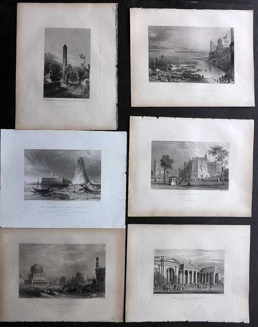 World Views 1845 Lot of 6 Steel Engravings by Fisher: Incl UK, Ireland, India and Tunisia. Steel Engraving Mostly Published 1844-6 by Fisher & Son, London for "The People's Gallery of Engravings" by the Rev. G. N. Wright. Plus One earlier Published 1840 