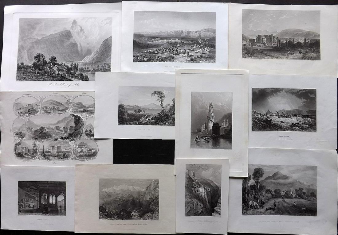 World Views 19th Cent Lot of 11 Steel Engravings: Lot of 11 Steel Engravings. Incl Germany, Holy Land, Greece, India, Italy, Switzerland, Chile, Turkey, and Norway. Paper Size: Up to 12.5 x 9 inch (32 x 23cm) Good Condition
