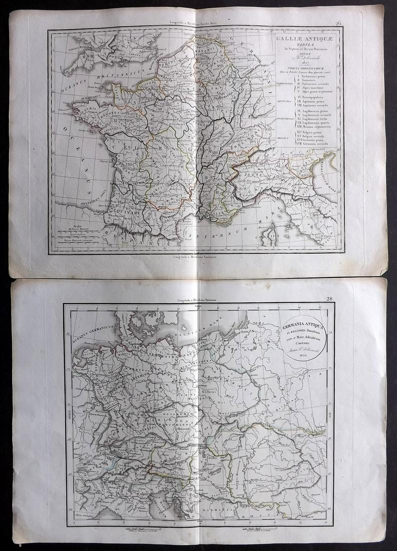 Delamarche, Felix 1829 Maps (2) Ancient France, Germany: "Germania Antiqua" and "Galliae Antiquae" Copper Engraved Maps Published 1829, Paris for "Atlas de La Geographie..." by Felix Delamarche. Contemporary outline hand colour. Centre fold as published. Pa