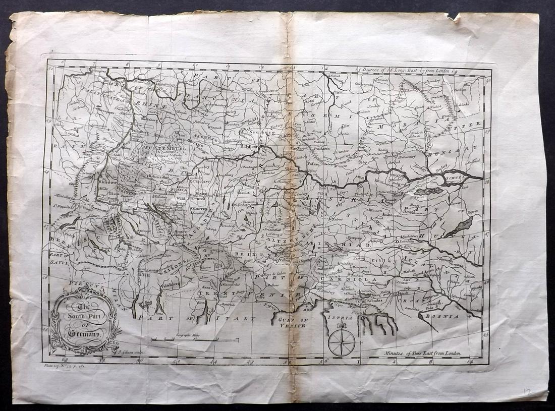 Gibson & Salmon 1759 Map of the South Part of Germany: Copper Engraved Map Published 1759, London for "The Universal Traveller" by Thomas Salmon. Engraved by Gibson. Paper Size: 18.5 x 13.5 inch (47 x 34cm) Some toning along centre fold, some strengthenin