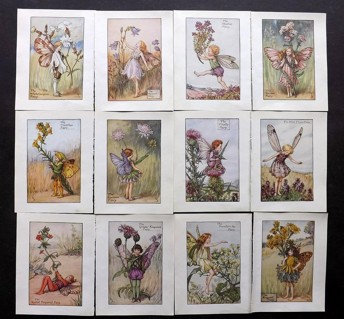 Barker, Cicely Mary C1940 Lot of 12 Flower-Fairy Prints: Lithographs Published C1935-45 by Blackie & Son, London & Glasgow for the "Flower-Faries" Series by Cicely Mary Barker. Reverse side blank. Paper Size: 5.5 x 4 inch (14 x 10cm) Good Condition