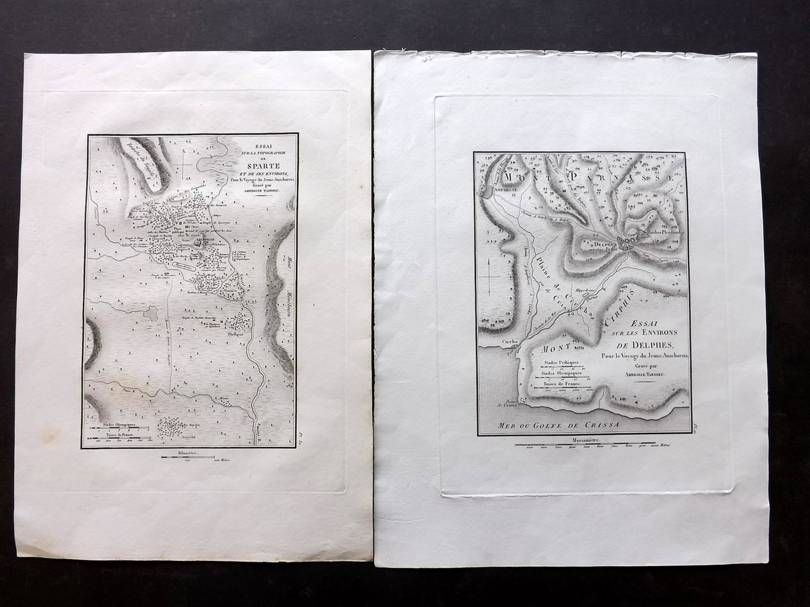 Barthelemy, Jean 1824 Pair of Maps of Greece: "Essai sur la Topographie de Sparte" and "Essai sur les Environs de Delphes" Copper Engraved Maps Published 1824, Paris for "Voyage du Jeune Anacharsis en Grece" by Jean Jacques Barthelemy. Paper Size