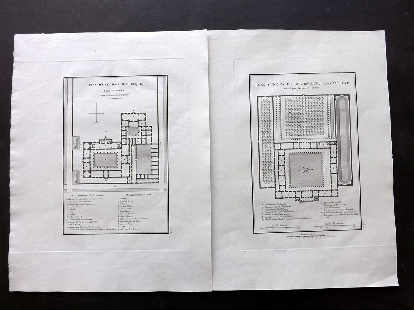Barthelemy, Jean 1824 Pair of Maps of Greece: "Plan d'Une Maison Grecque" and "Plan d'Une Palestre Grecque, d'apres Vitruve" Copper Engraved Maps Published 1824, Paris for "Voyage du Jeune Anacharsis en Grece" by Jean Jacques Barthelemy. Paper Si