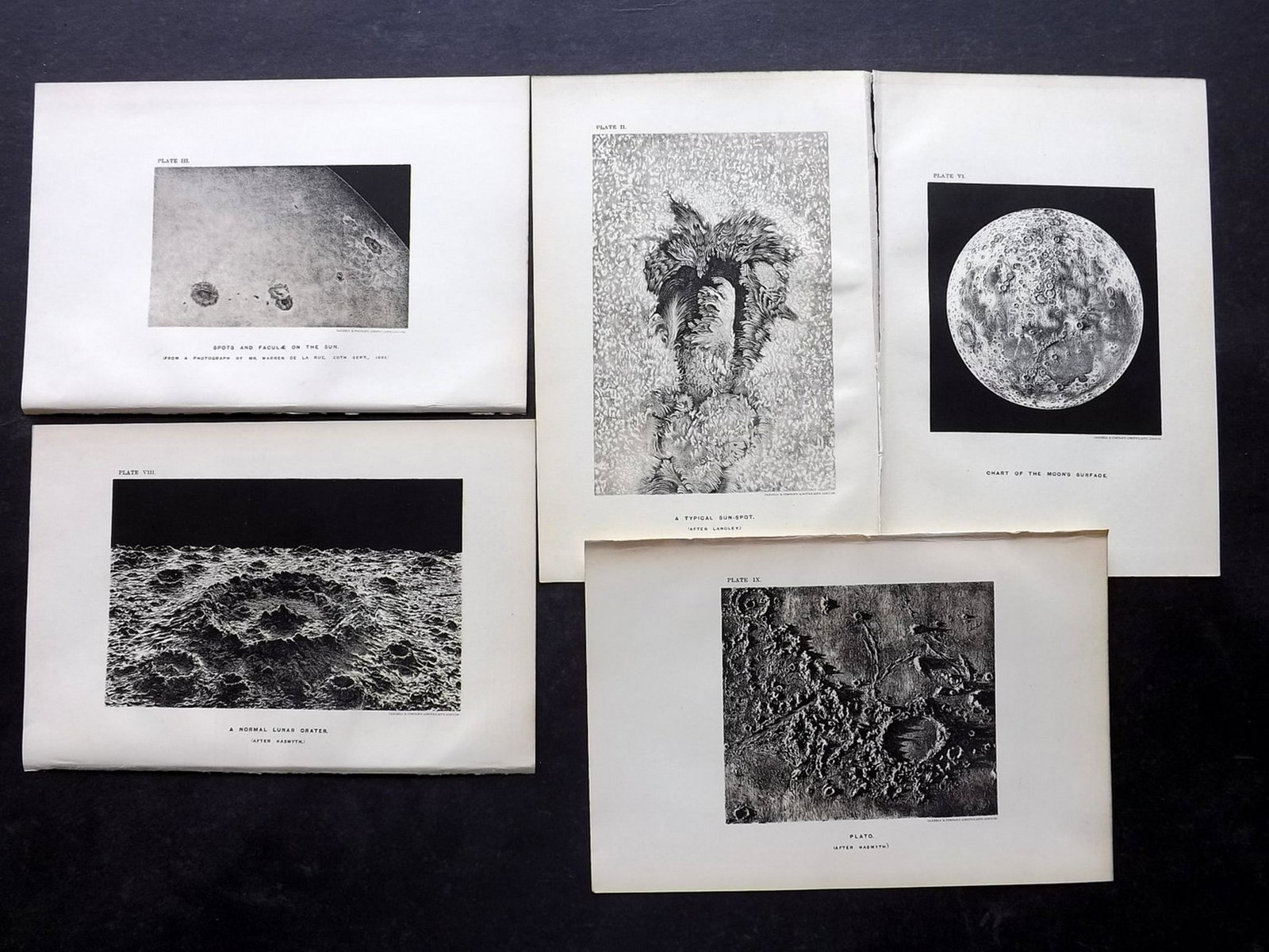 Ball, Robert 1893 Lot of 7 Astronomy Prints. Moon, Sun: Lithographs Published 1893, London for "The Story of the Heavens" by Sir Robert Stawell Ball. Paper Size: 9 x 6 inch (23 x 15cm) Good condition