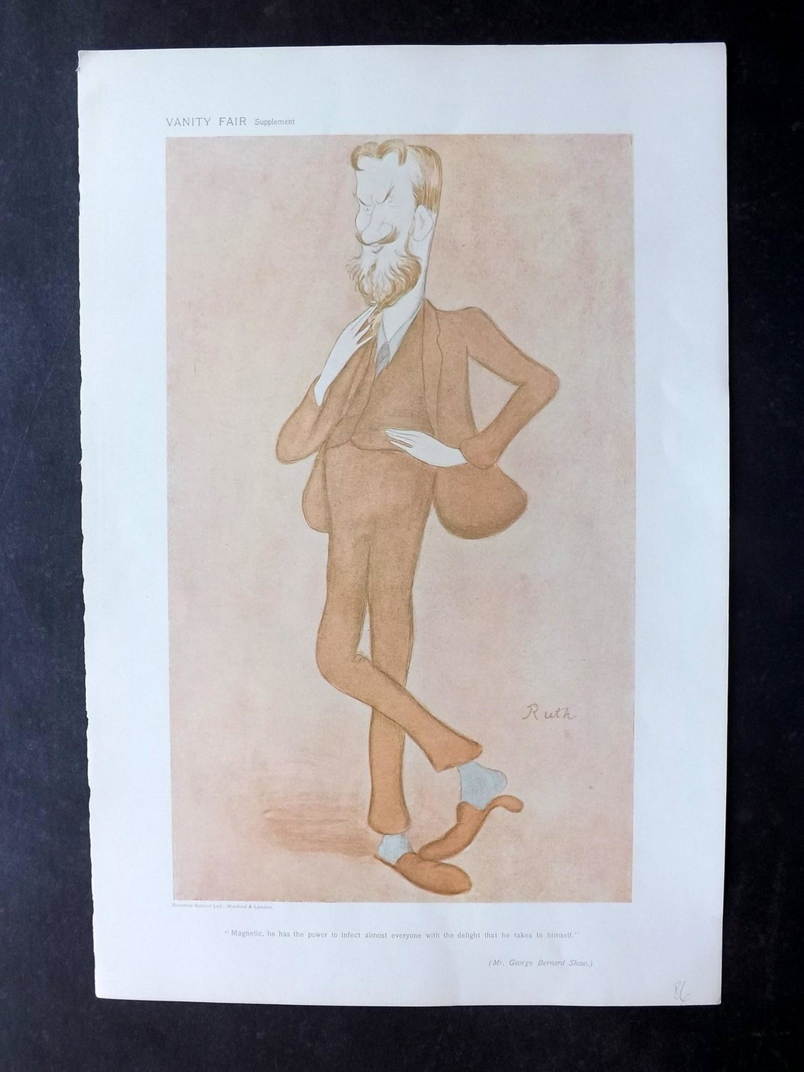 Vanity Fair Print 1905 George Bernard Shaw by Beerbohm: Chromolithograph Published 1869-1914, London for "Vanity Fair" Paper Size: 15 x 11 inch (38 x 28cm) Good Condition