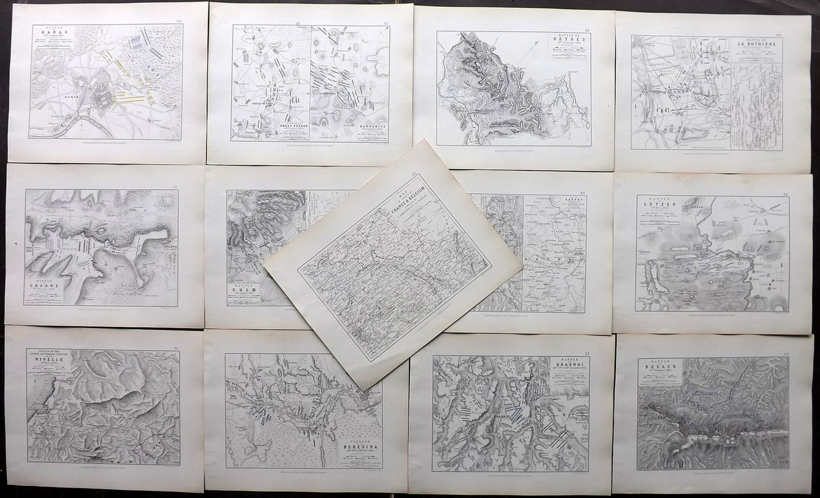 Alison, Archibald 1852 Lot of 13 Battle Plans/Maps: Incl France, Germany, and Belarus.Steel Engraved Maps Published 1852, Edinburgh & London for "Atlas to Alison's History of Europe" by Sir Archibald Alison and Alexander Keith Johnston. Outline Hand Co