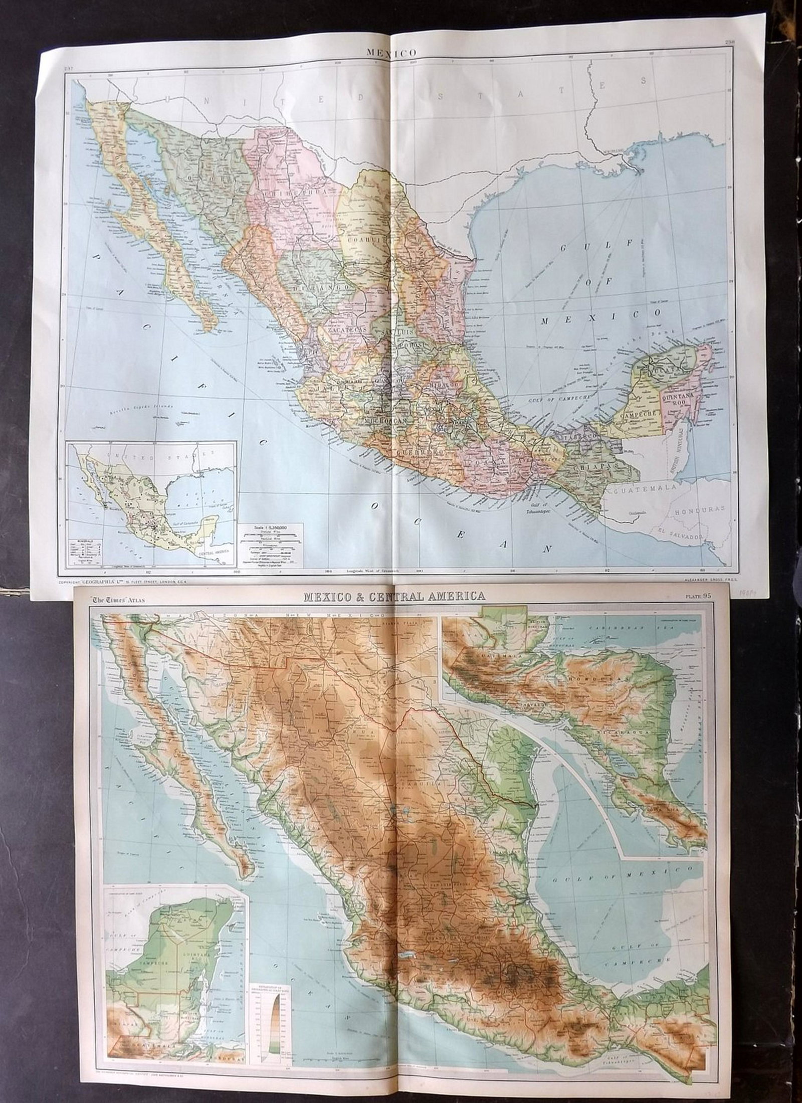 Mexico 1920-22 Pair of Large Maps by Gross, Bartholomew: Large Lithograph Maps Published 1920, London for "The Daily Telegraph Victory Atlas of the World" by Alexander Gross and 1922 by The Times, London for "The Times Survey Atlas of the World" Maps by Joh