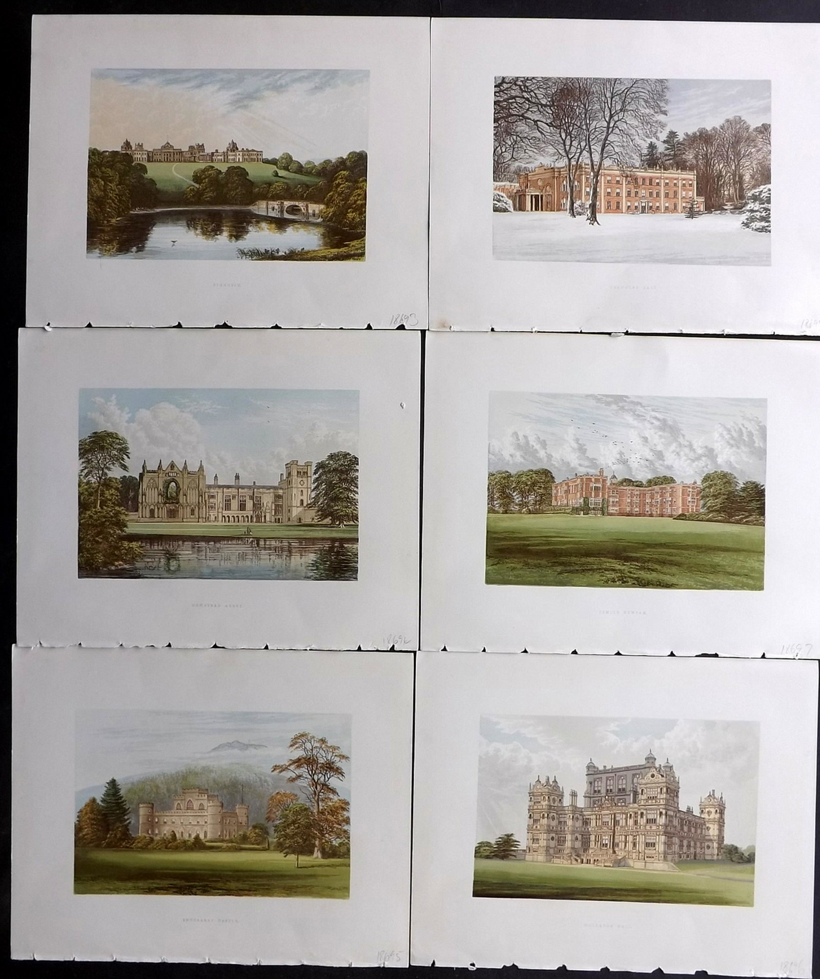 Morris Seats C1870 Lot of 6 Colour Woodblock Views: Color Printed Woodblock Published 1866-1880 by William Mckenzie, London for "Picturesque Views of Seats of Noblemen and Gentlemen of Great Britain and Ireland" by the Rev. F. O. Morris. Printed by Ben